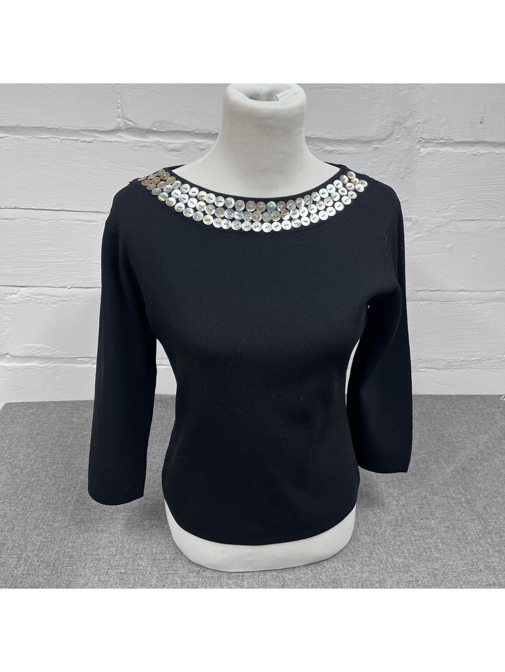 Joseph A. Knit Black Knit Sweater with Mother of Pearl Button Neckline, M